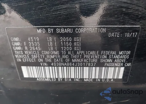 2018 Subaru Legacy 2.5I z USA, uszkodzony, nr VIN 4S3BNAB64J3017837